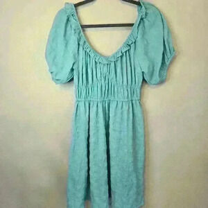 Dress Up Turquoise Blue Dress Puff Sleeves Ruffled Neckline Sz M Cottagecore